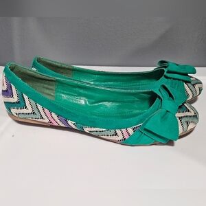Misbehave Teal Green Bow Chevron-Trim Ballet Flats Womens Size 8